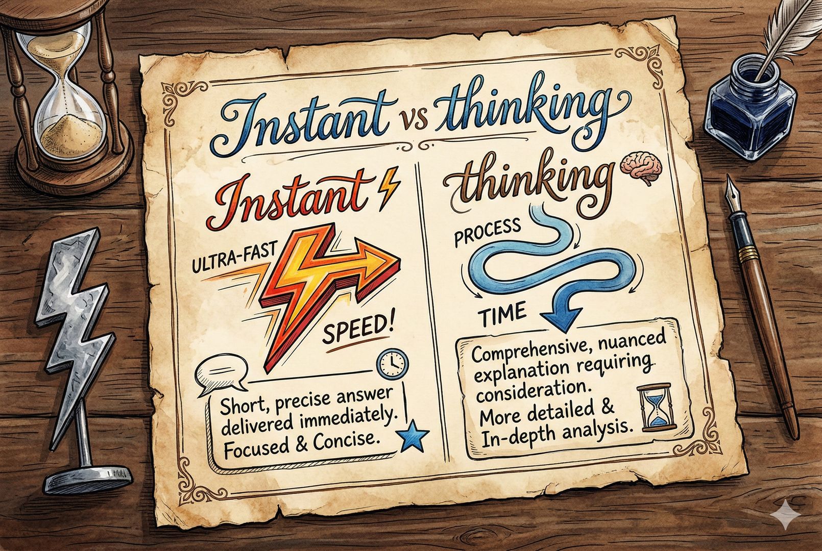 一张羊皮纸上用钢笔手写对比表“Instant vs thinking”，旁边画出速度快的箭头与简洁回答的短段落气泡，桌边摆着沙漏与闪电符号，突出“快速但更简洁”，羊皮纸，钢笔彩色手绘的统一风格。