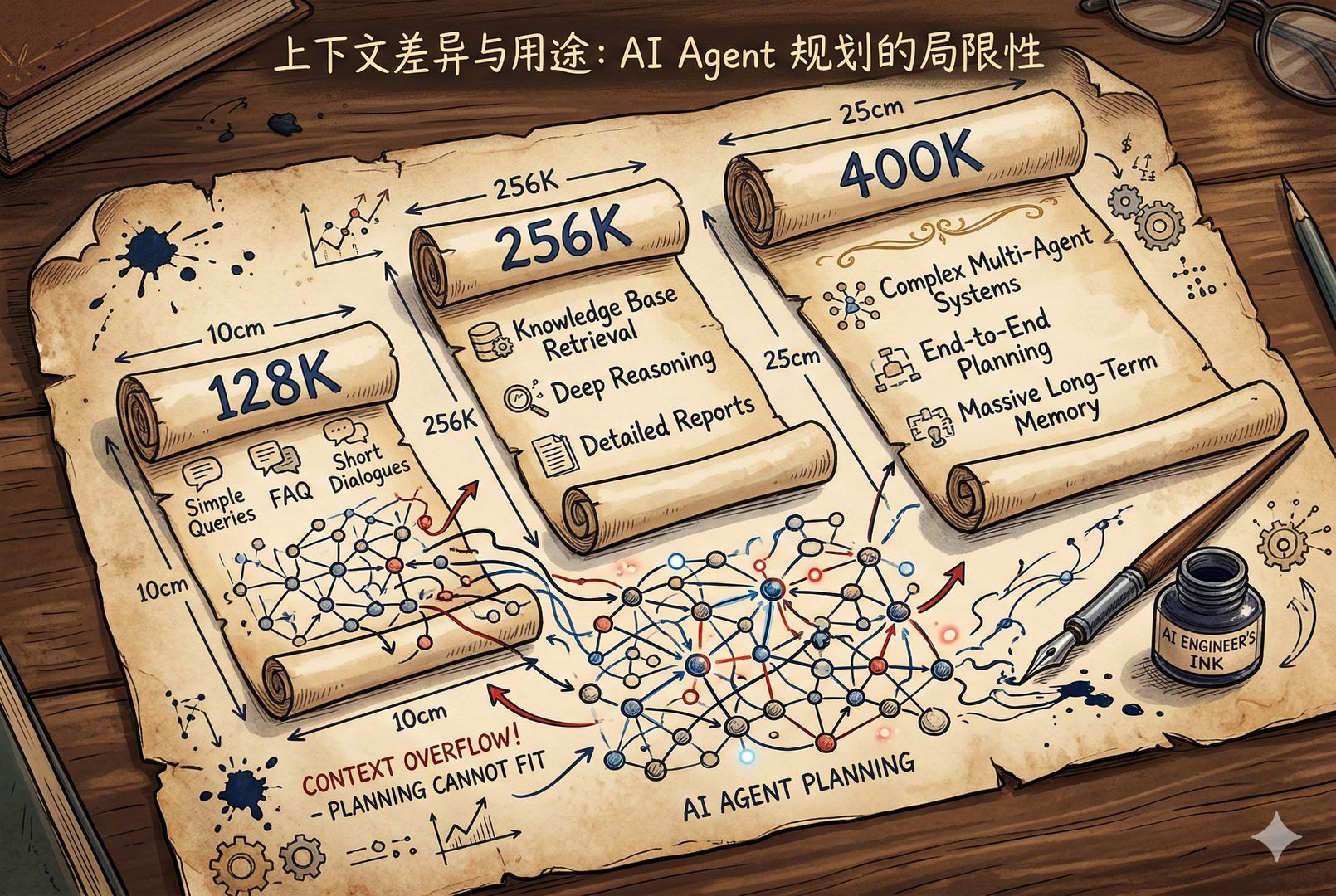 一张羊皮纸上画出三条不同长度的卷轴并标注“128K / 256K / 400K”，旁边用钢笔画出节点网络象征 AI agent 规划被“短卷轴”装不下，突出上下文差异与用途，羊皮纸，钢笔彩色手绘的统一风格。