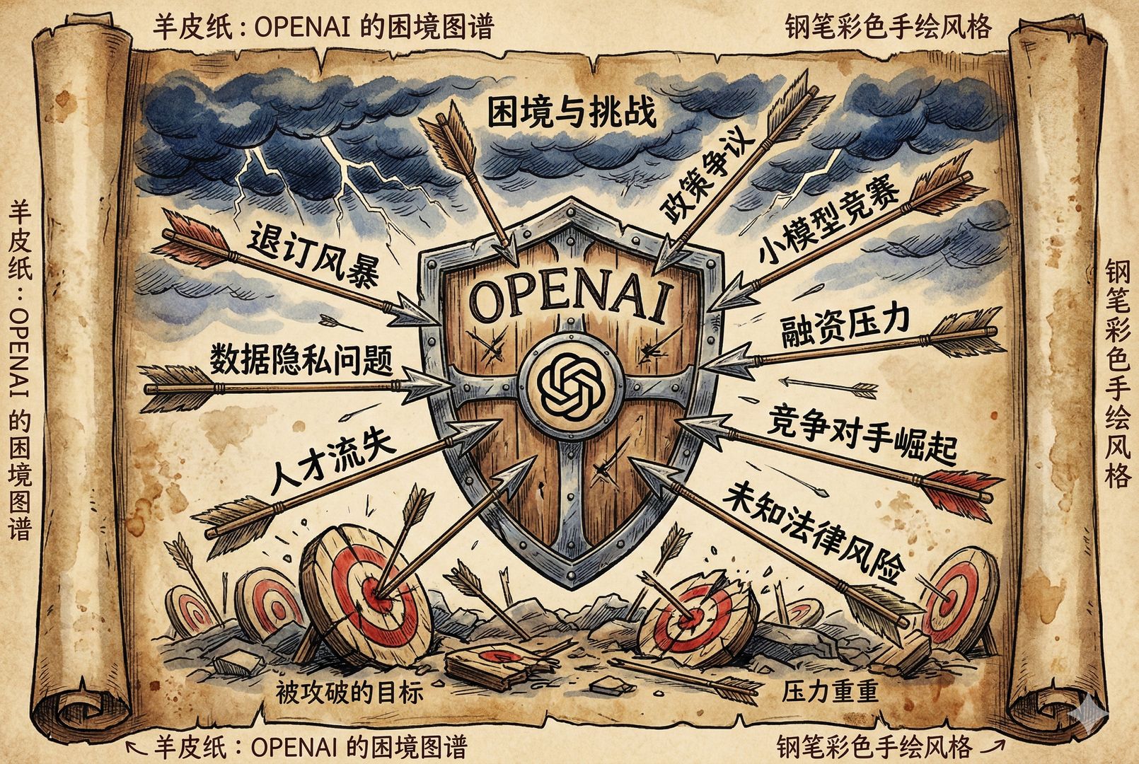 一张羊皮纸上画出 OpenAI 的盾牌被多支箭同时指向，箭头分别标注“退订风暴”“小模型竞赛”“政策争议”“融资压力”，背景有风暴云与被锤的靶子意象，羊皮纸，钢笔彩色手绘的统一风格。
