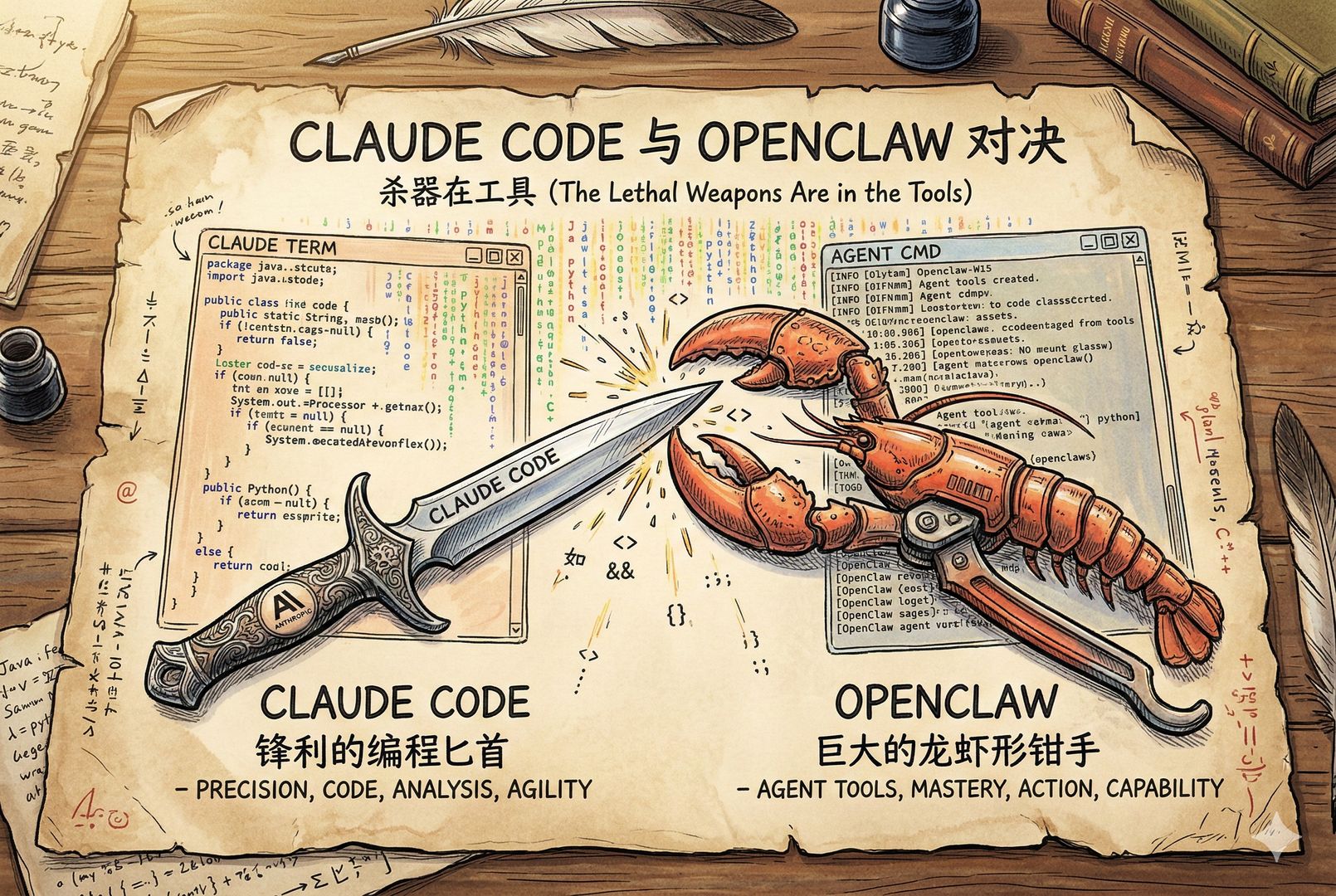 一张羊皮纸上画出“Claude Code”与“Openclaw”两把对决的工具：左边是锋利的编程匕首，右边是巨大的龙虾形扳手/钳子象征 agent 工具，背后是代码雨与终端窗口轮廓，强调“杀器在工具”，羊皮纸，钢笔彩色手绘的统一风格。