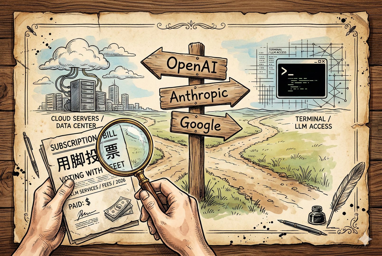 一张羊皮纸上画出三条分叉道路的路标，分别写着“OpenAI / Anthropic / Google”，路边有一只手拿着订阅账单与放大镜象征“用脚投票”，远处是云端服务器与终端窗口剪影，羊皮纸，钢笔彩色手绘的统一风格。