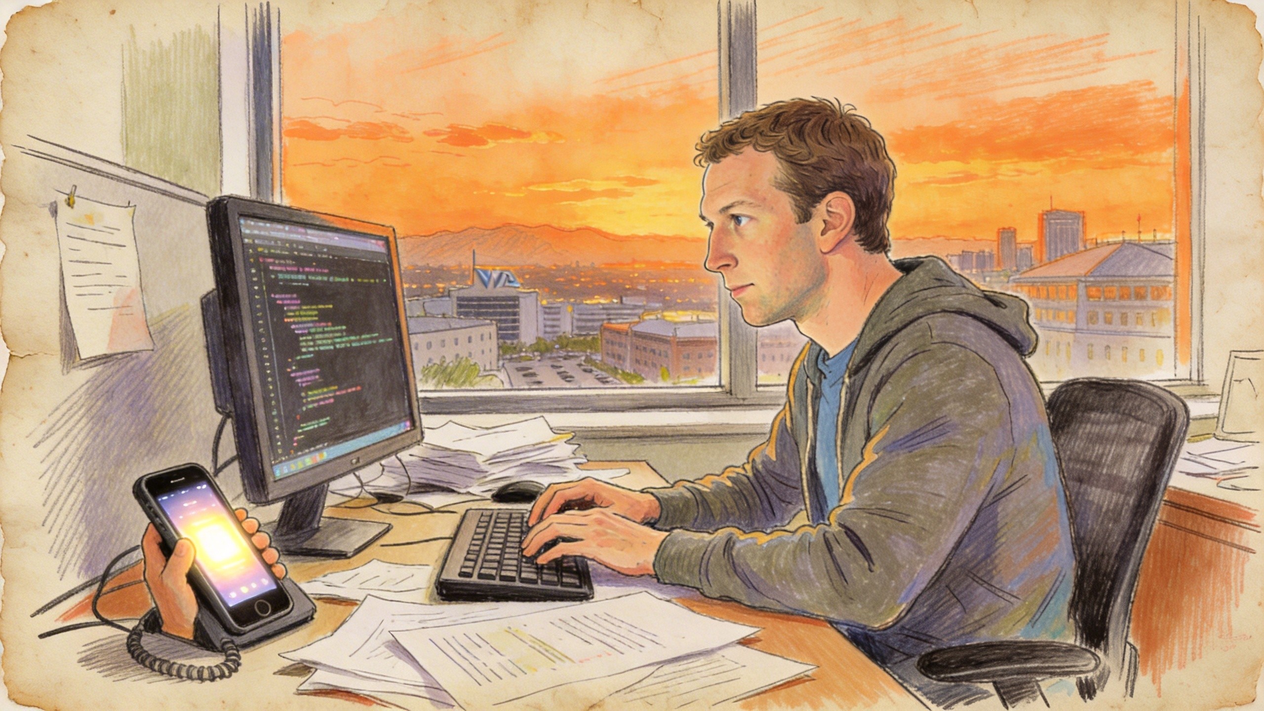 扎克伯格在凌乱的办公桌前专注地敲击代码，旁边放着一部正在通话中的手机，窗外是硅谷的黄昏，羊皮纸，钢笔彩色手绘的统一风格