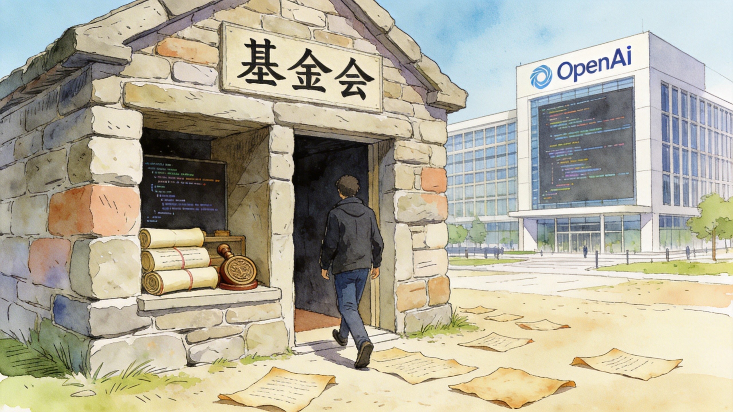 一座标有“基金会”字样的坚固石屋内存放着代码卷轴和印章，一个人正走出石屋走向远处的OpenAI科技大楼，羊皮纸，钢笔彩色手绘的统一风格。