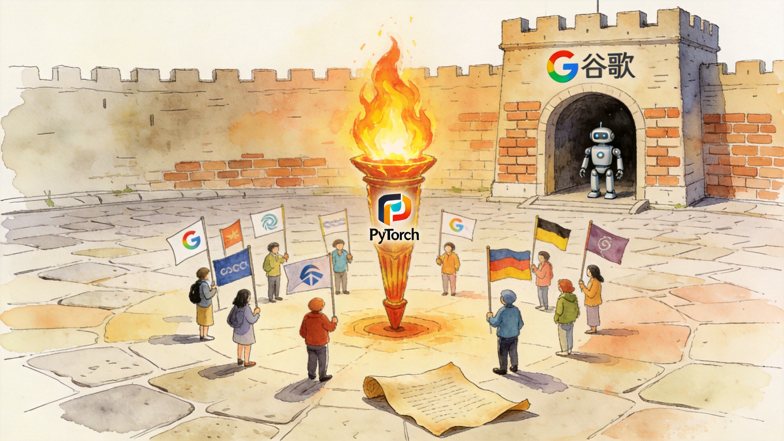 一个公共广场上燃烧着一只明亮的火炬（PyTorch），周围围着举着不同公司旗帜的小人，远处一座带有谷歌标志的堡垒里有一个孤独的机器人，羊皮纸，钢笔彩色手绘的统一风格。