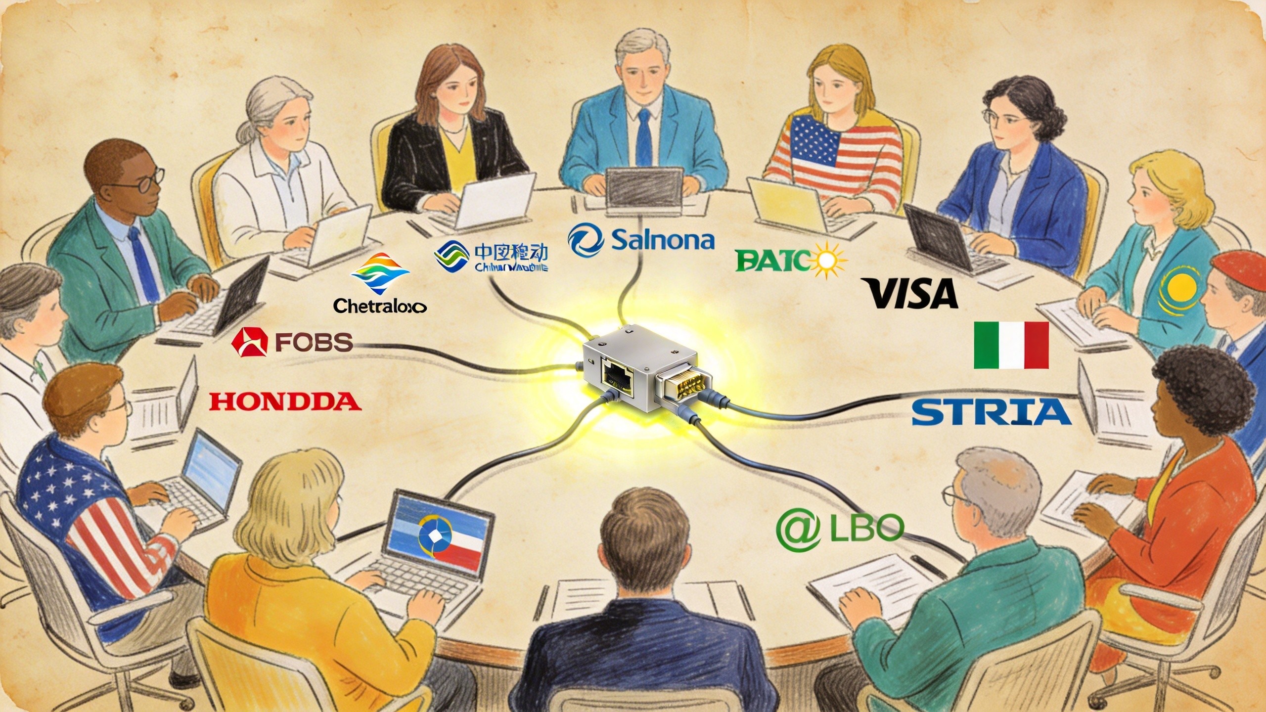 一个圆桌会议，坐着代表不同科技公司和不同国家的代表，圆桌中心是一个发光的开放接口装置，连接着各方的电缆，羊皮纸，钢笔彩色手绘的统一风格。