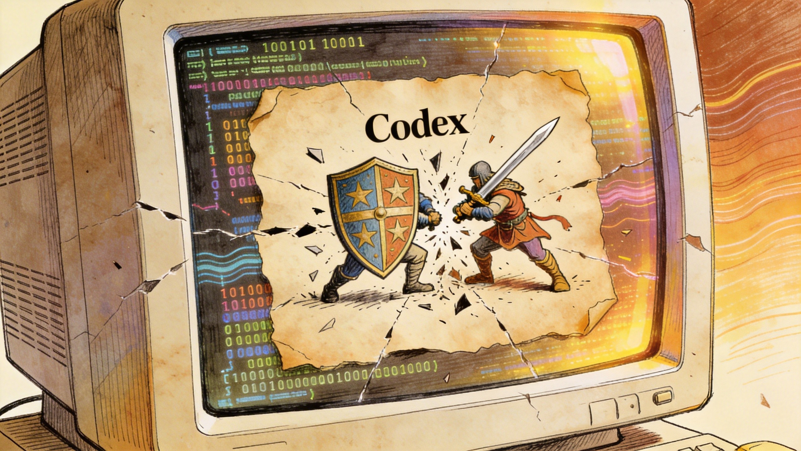 复古电脑屏幕上显示着复杂的代码战役，代表Codex的盾牌击碎了代表Claude的剑，背景是流动的二进制数字，羊皮纸，钢笔彩色手绘的统一风格。