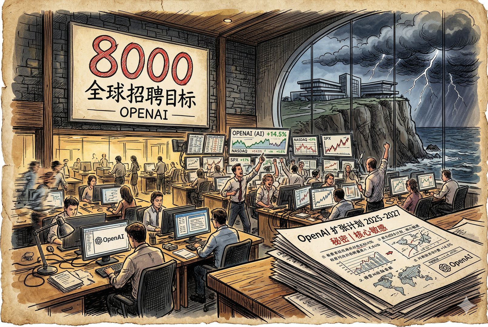一间昏黄灯光下的现代办公室与交易大厅交叠的场景，墙上巨大的“8000”招聘目标数字牌，前景是一叠写着 OpenAI 的扩张计划文件，背景隐约可见悬崖边上的公司总部轮廓与风暴云层，羊皮纸，钢笔彩色手绘的统一风格。