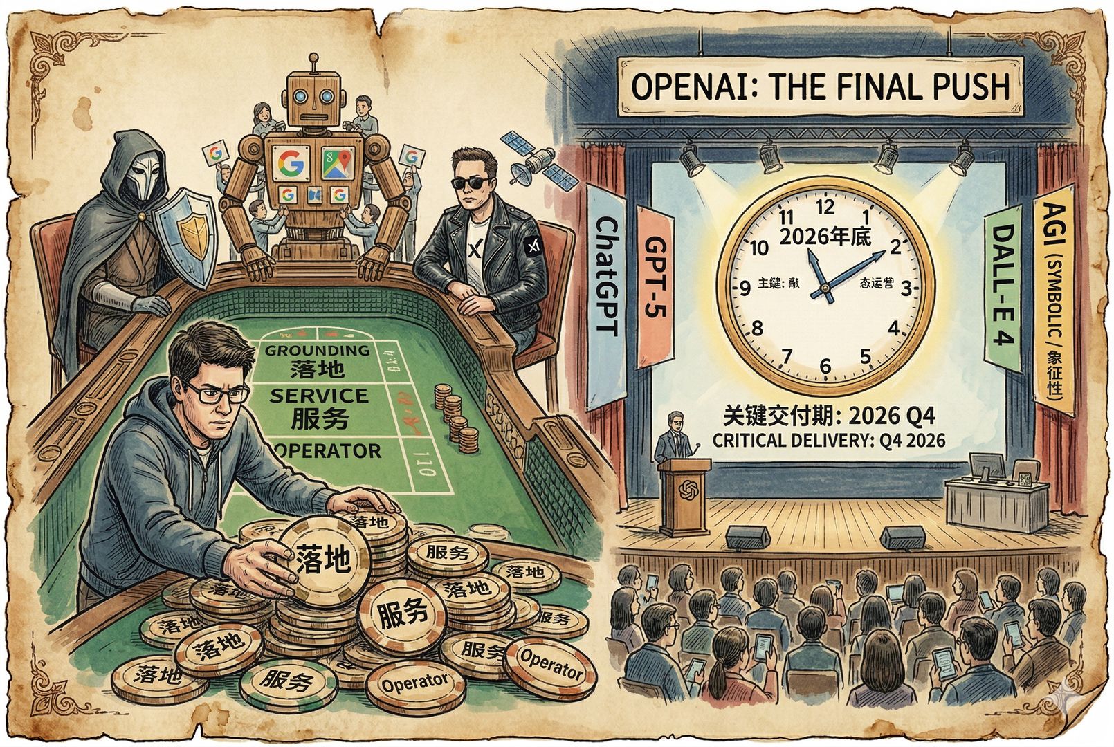 最后一幕是赌桌与产品发布会舞台融合的场景，OpenAI 将写着“落地”“服务”“Operator”的筹码全部推向中央，对面坐着 Anthropic、Google、xAI 的象征身影，远处时钟指向 2026 年底，气氛紧绷，羊皮纸，钢笔彩色手绘的统一风格。