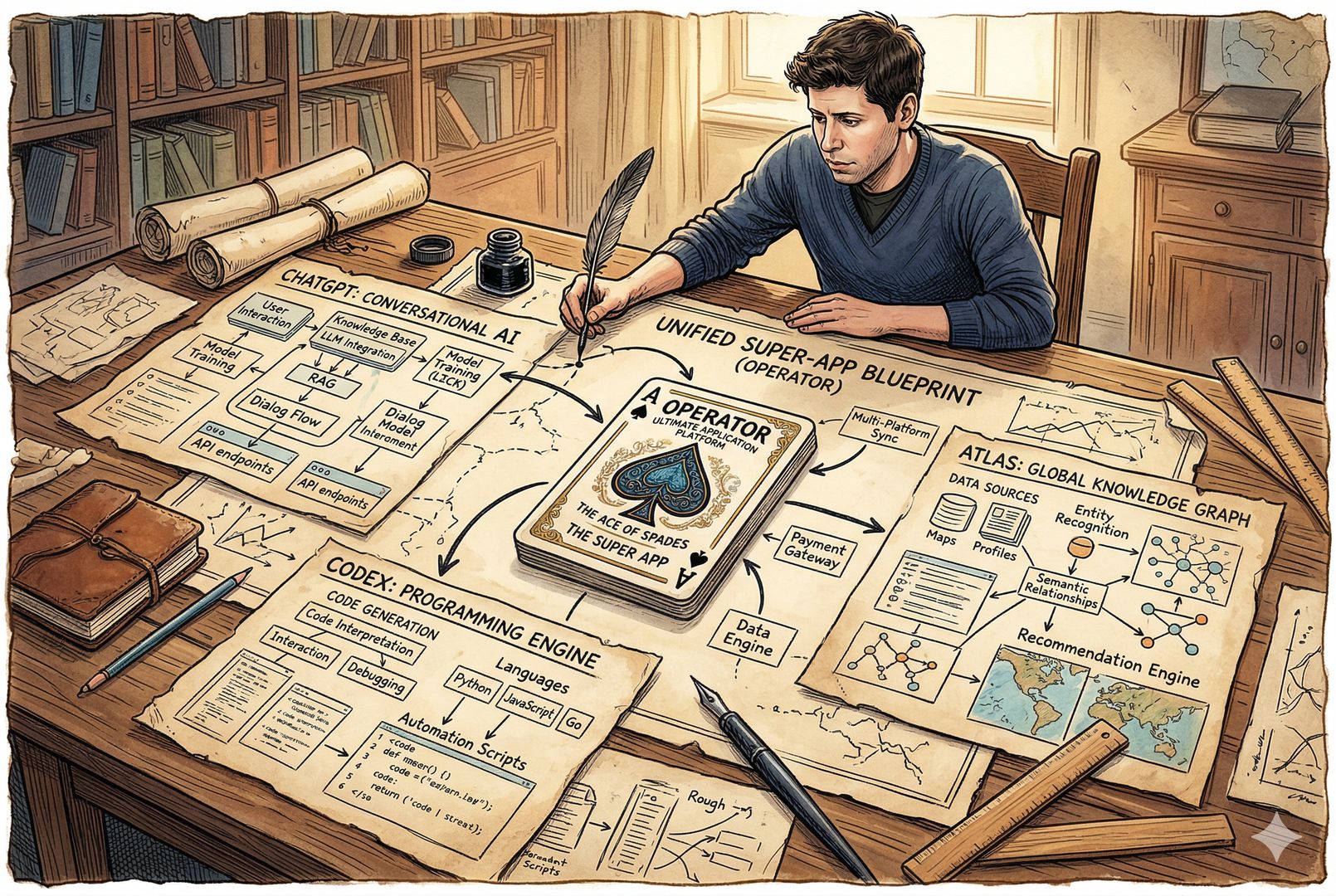一张铺开的纸牌桌中央，一张标着 Operator 的王牌被翻开，周围散落着 ChatGPT、Codex、Atlas 的设计草图与产品流程图，远处一位产品负责人正把这些卡牌拼成一部统一的超级应用蓝图，羊皮纸，钢笔彩色手绘的统一风格。