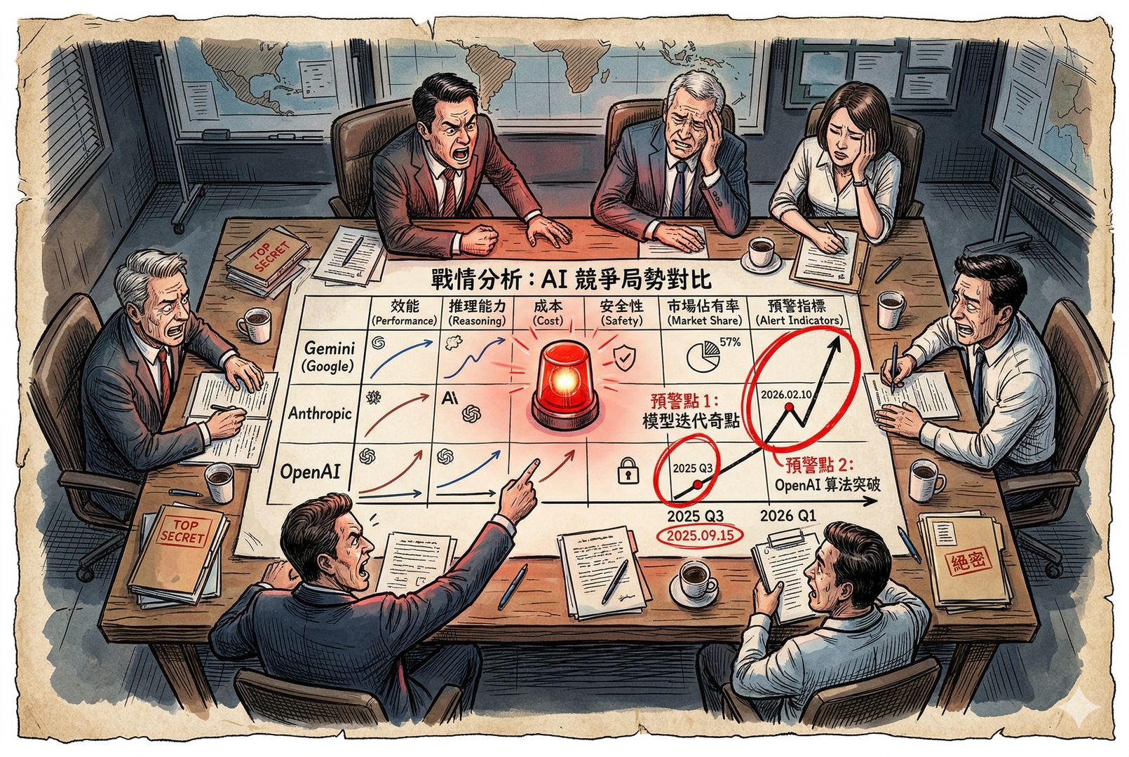 一张战情室长桌俯视图，桌上摊着写有 Gemini、Anthropic、OpenAI 的对比图表，红色警报灯亮起，两次被圈出的预警时间点格外醒目，几位高管神情紧张地围坐讨论，羊皮纸，钢笔彩色手绘的统一风格。