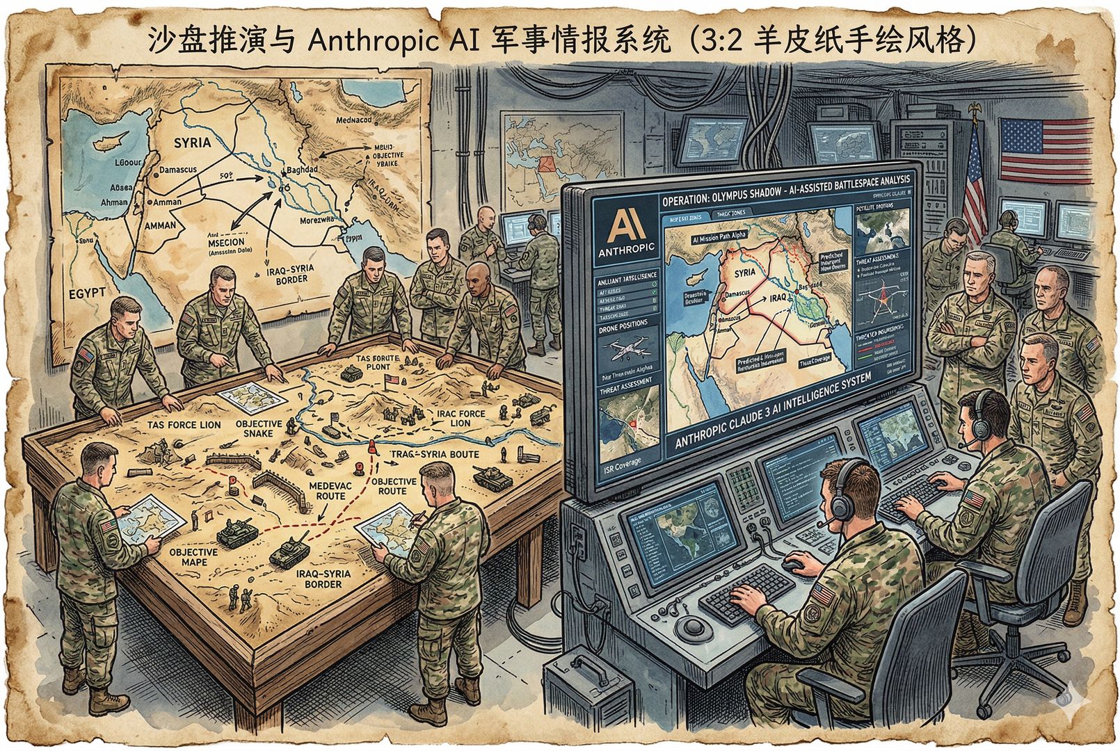  沙盘地图与军用指挥屏幕并置的画面，技术人员在美军风格控制室里操作带有 Anthropic 标识的模型界面，屏幕上显示中东区域与任务路径，全场目光集中在一套 AI 军事情报系统上，羊皮纸，钢笔彩色手绘的统一风格。