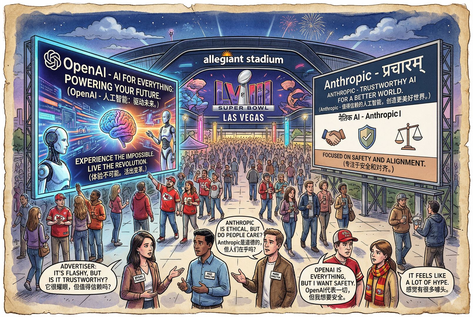 超级碗赛场外巨大的广告牌对峙，一侧是炫目的 OpenAI 广告屏，另一侧是更克制的 Anthropic 宣传语，观众人群分流讨论，前景里广告主和普通用户都露出犹疑神情，羊皮纸，钢笔彩色手绘的统一风格。