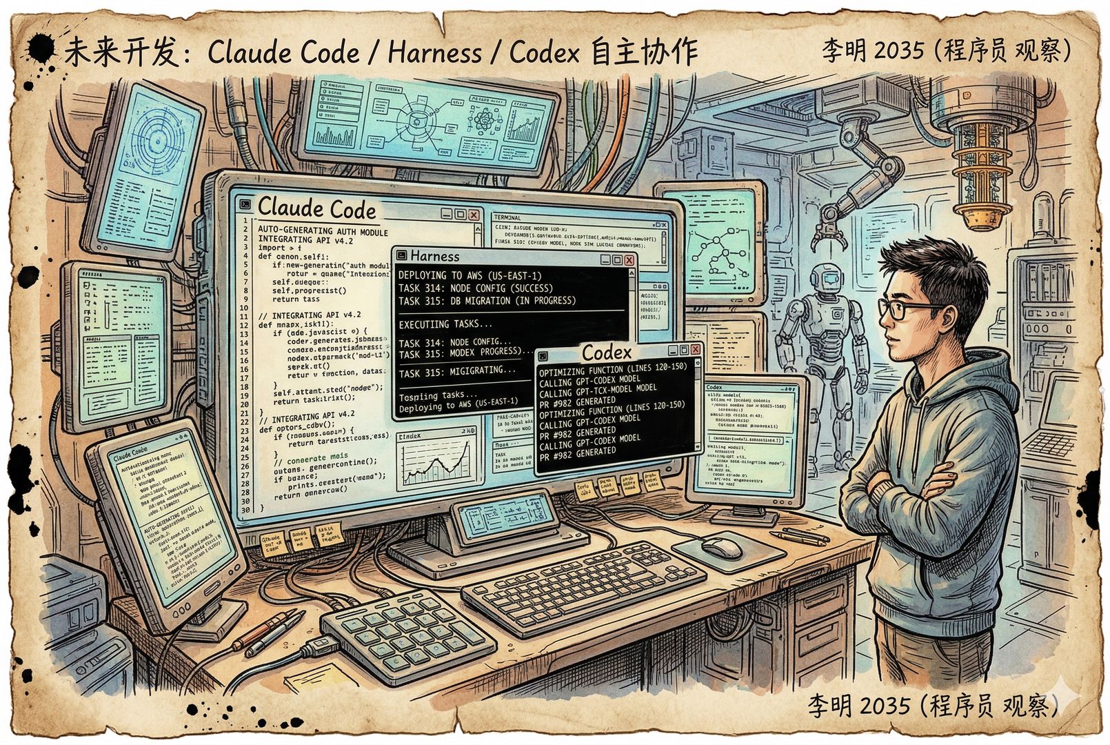 一张未来感开发工作台近景，多个终端窗口自动生成代码、部署任务与调用模型，屏幕上“Claude Code”“Harness”“Codex”三个标签彼此交错，程序员只是站在一旁观察系统自主运转，羊皮纸，钢笔彩色手绘的统一风格。
