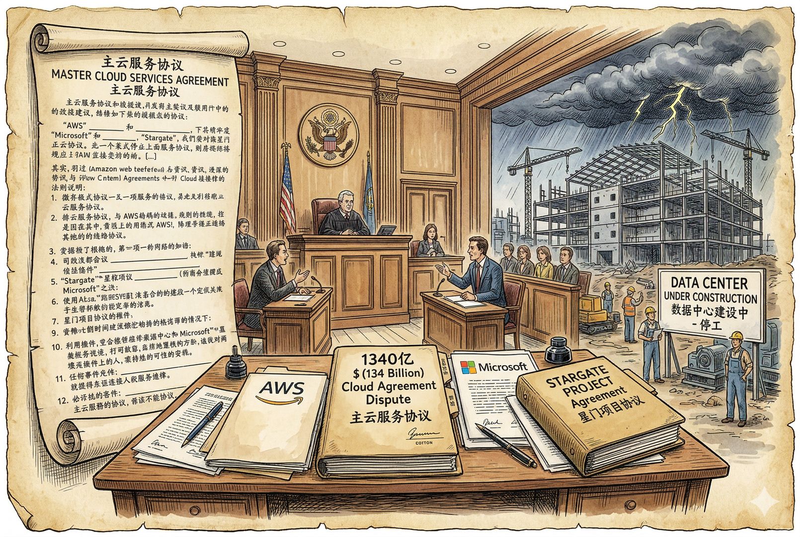 法庭、云计算合同和停建中的数据中心被拼接在同一画面里，桌面摆着写有“1340亿”“AWS”“Microsoft”“Stargate”的卷宗和协议，远处未完工机房上方乌云密布，羊皮纸，钢笔彩色手绘的统一风格。