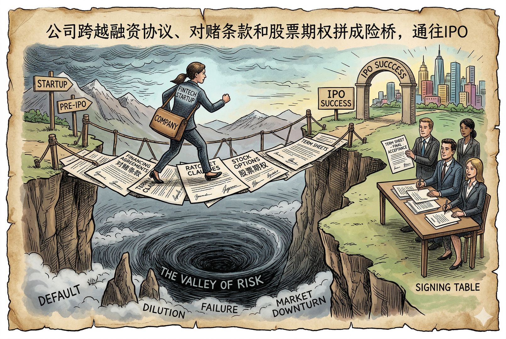 一家公司站在悬崖边准备跨向“IPO”桥梁的象征性场景，桥面由融资协议、对赌条款和股票期权拼成，桥下是深谷，几位投资方代表在对岸等待签字，羊皮纸，钢笔彩色手绘的统一风格。