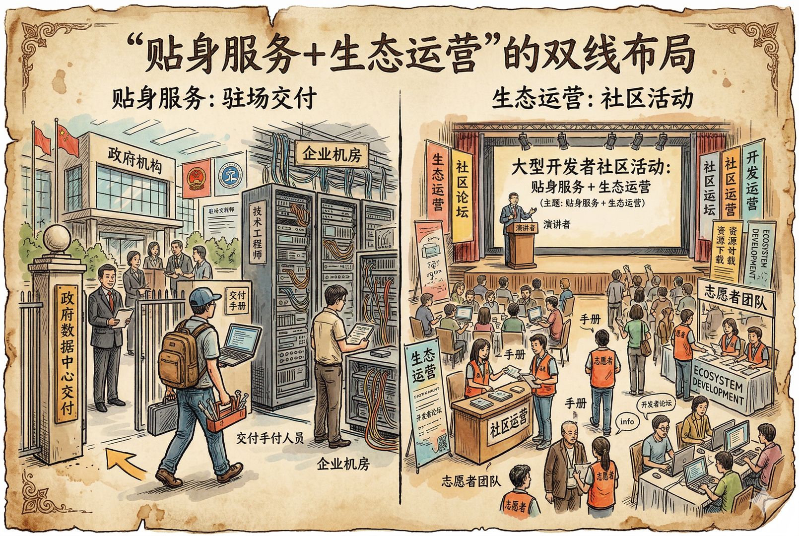 分屏式场景，一边是工程师走入政府机构和企业机房做驻场交付，另一边是大型开发者社区活动现场，讲台、海报、手册和志愿者团队忙碌运转，形成“贴身服务+生态运营”的双线布局，羊皮纸，钢笔彩色手绘的统一风格。