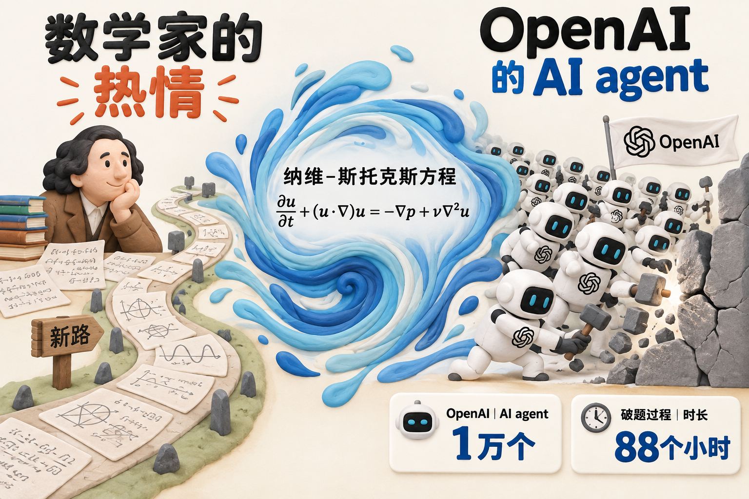 封面采用左右对照构图,左侧是由数学家铺出的蜿蜒新路与手稿,右侧是OpenAI的密集AI agent沿路砸开最后一道坎,中央以纳维-斯托克斯方程的流体旋涡连接两边,突出题解开与热情被磨掉的张力;可见事实元素:OpenAI、纳维-斯托克斯方程、数学家的热情