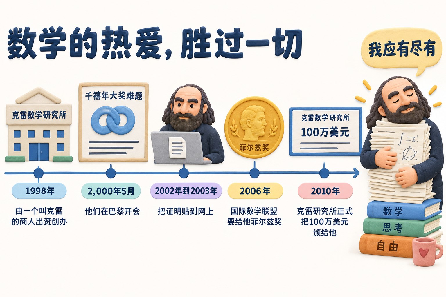 横向时间轴从克雷数学研究所创办、千禧年大奖难题设立,推进到佩雷尔曼贴出证明、拒领菲尔兹奖和奖金,右侧用一叠手稿与“我应有尽有”表现数学热爱;可见事实元素:克雷数学研究所、千禧年大奖难题、佩雷尔曼、菲尔兹奖、我应有尽有