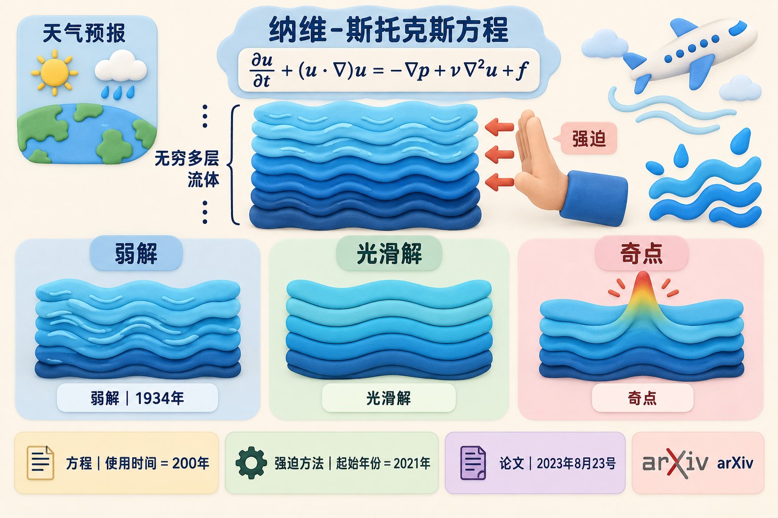 正面分层示意图展示无穷多层流体像叠罗汉一样叠在一起,旁边一只手施加外力,左右对照弱解、光滑解与奇点,背景辅以天气预报、飞机和水流符号;可见事实元素:纳维-斯托克斯方程、弱解、光滑解、奇点、强迫、arXiv