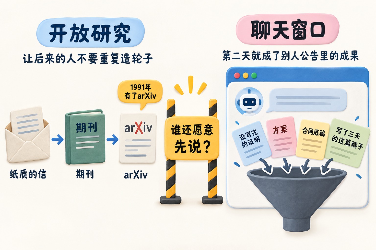 左侧是一条由纸质信、期刊和arXiv连接起来的开放研究传递链,右侧是聊天窗口吸入未完成证明、方案、合同底稿和内容稿的封闭漏斗,中间用警示屏障表达“谁还愿意先说”的疑问;可见事实元素:纸质的信、期刊、arXiv、没写完的证明、方案、合同底稿、写了三天的这篇稿子