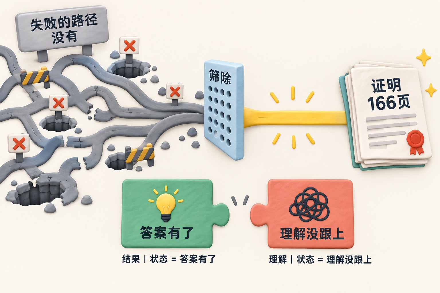 左侧铺开许多分叉、塌陷与失败路径,中央经过筛除后只剩一条光洁通道,右侧放置166页证明;下方用两个脱开的拼图块分别标示答案与理解,突出过程被抹平