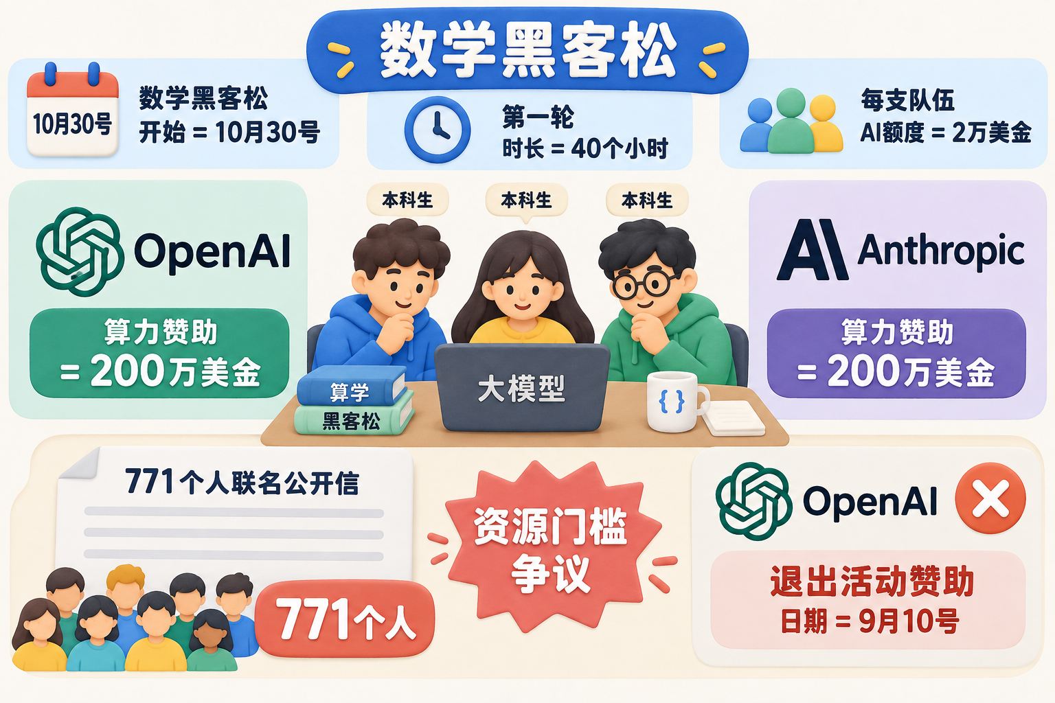 正面数据看板围绕一场数学黑客松展开,中央是本科生组队使用大模型的桌面,左右分别放置OpenAI与Anthropic算力赞助卡,下方是771个人联名公开信与OpenAI退出赞助的标识,强调资源门槛争议;可见事实元素:数学黑客松、本科生、大模型、OpenAI、Anthropic、771个人联名公开信