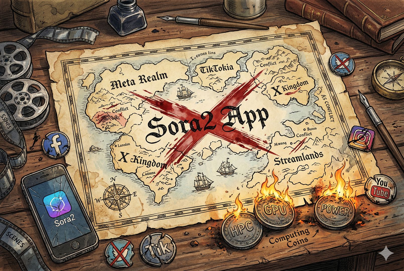一张旧书桌上摊开的羊皮纸地图,中央写着“Sora2 App”被红色墨线划去,四周散落着手机、电影胶片、社交媒体图标小徽记和燃烧中的算力硬币,像一场平台战争的开场封面,羊皮纸,钢笔彩色手绘的统一风格。