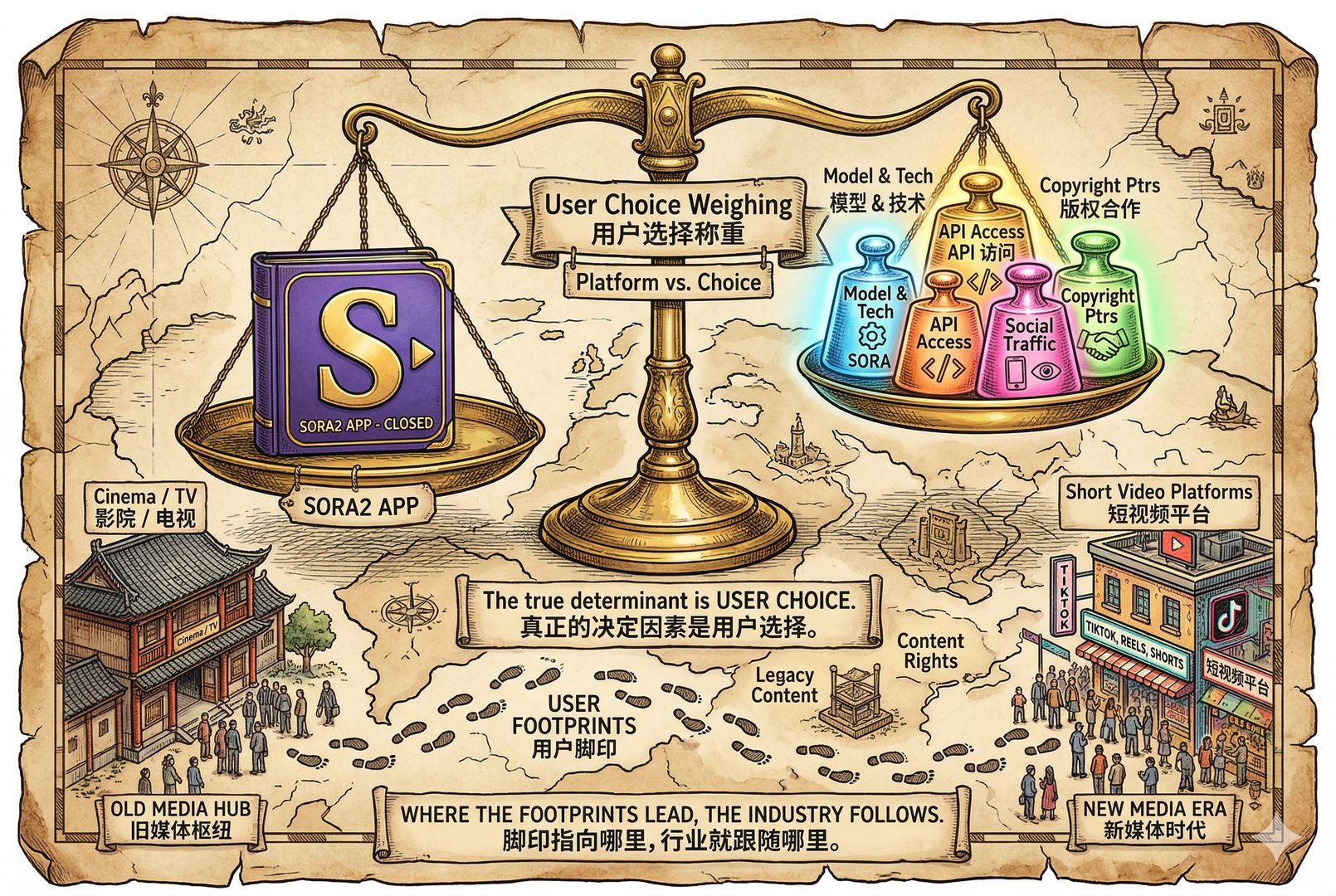 天平一侧是关闭的“Sora2 App”图标,另一侧是仍在发光的“模型”“API”“社交平台流量”“版权合作”四枚砝码,背景中用户脚印正从影院走向短视频平台,寓意真正决定方向的是用户选择,羊皮纸,钢笔彩色手绘的统一风格。