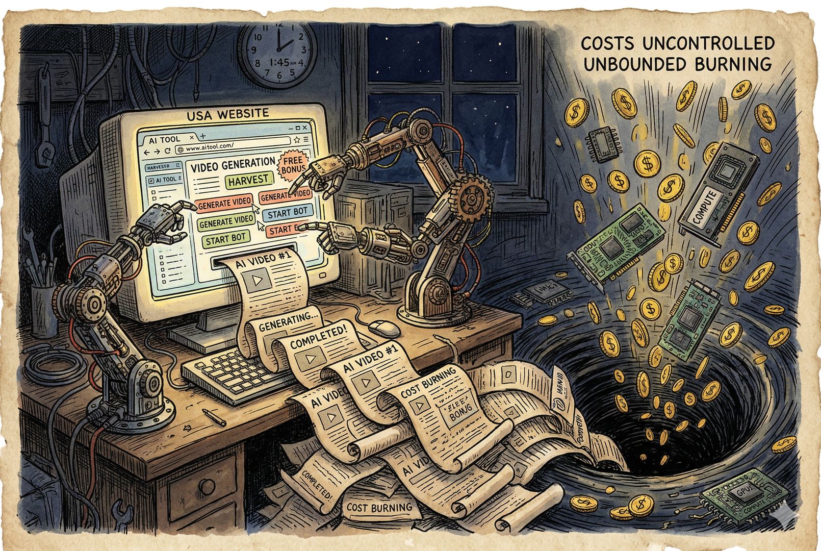 深夜的电脑屏幕前,一串自动化机器人手臂不断点击美国网站按钮,视频生成任务像纸卷一样疯狂吐出,另一侧的金币和算力芯片掉进无底黑洞,画面表现“薅羊毛”与成本失控,羊皮纸,钢笔彩色手绘的统一风格。