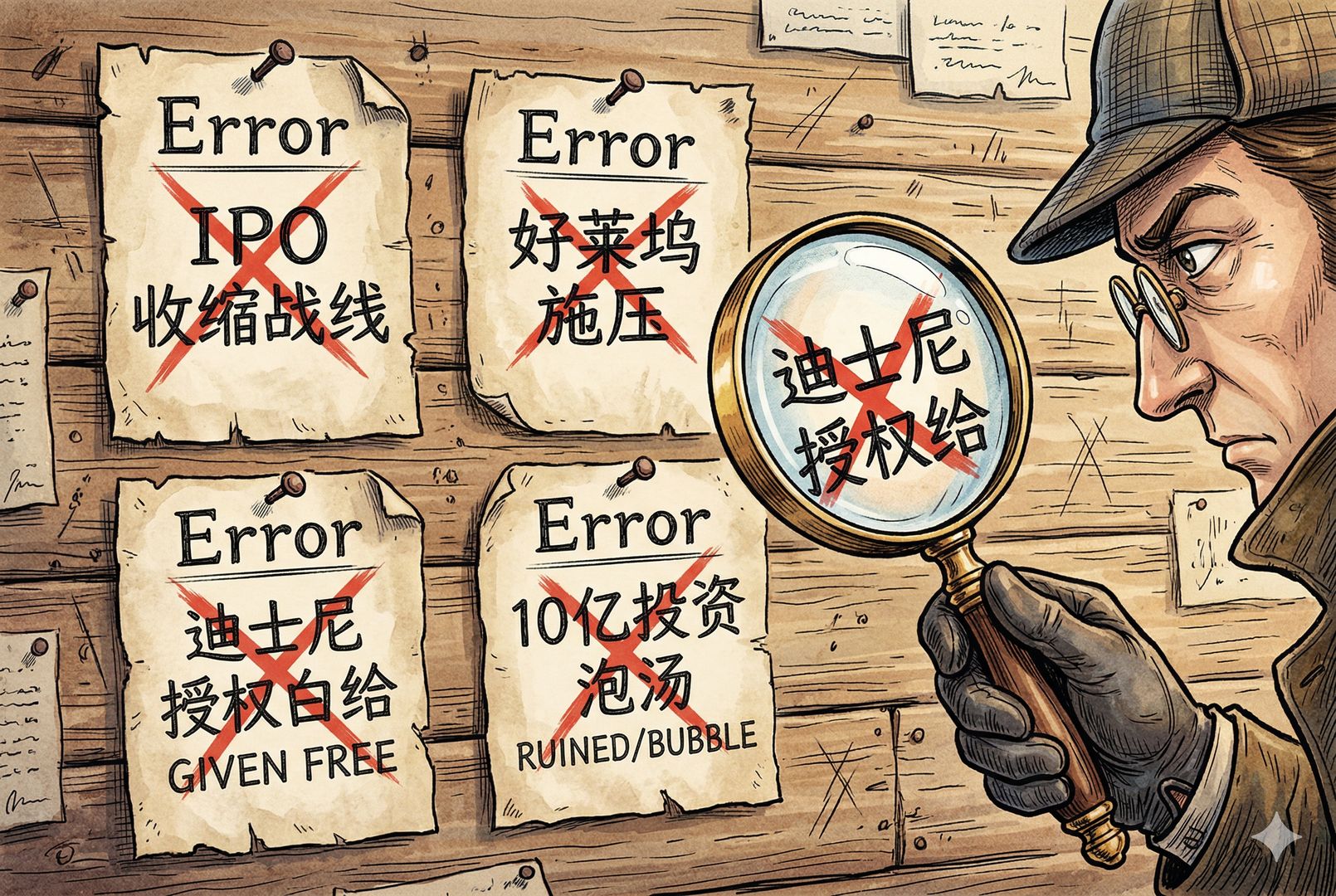 四块钉在木板上的错误告示牌,分别写着“IPO 收缩战线”“好莱坞施压”“迪士尼授权白给”“10亿投资泡汤”,一只拿放大镜的手正逐条审视,像侦探拆解谣言,羊皮纸,钢笔彩色手绘的统一风格。
