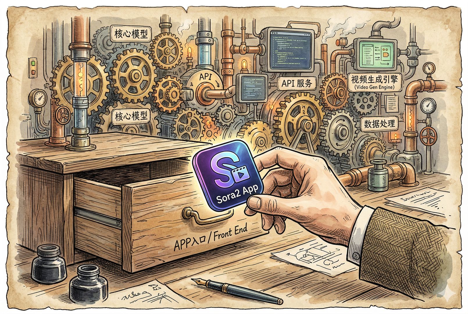 一部标着“Sora2 App”的手机应用图标被轻轻放进关闭的抽屉里,而背景里“模型”“API”“视频生成引擎”仍在齿轮与管线中持续运转,强调只是关掉前台入口,羊皮纸,钢笔彩色手绘的统一风格。