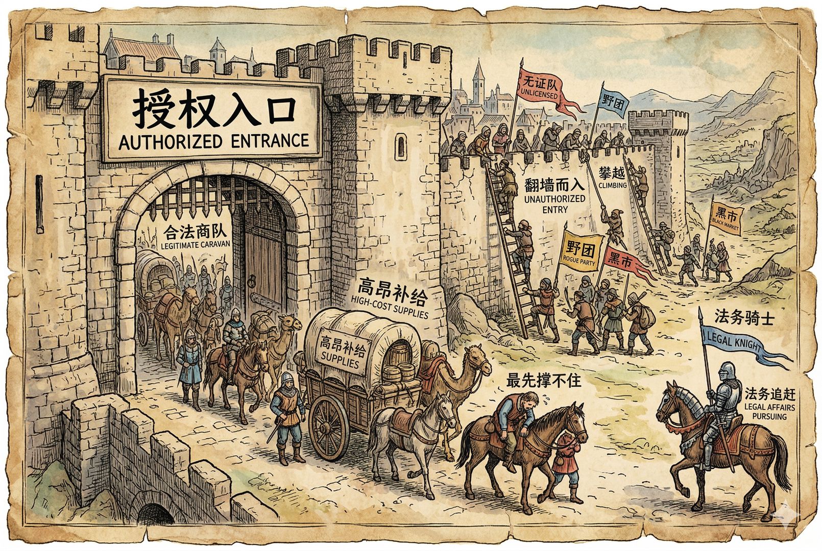 一座写着“授权入口”的城门只给一家车队通行,但城墙另一侧却有多支未经许可的队伍翻墙而入,守城的法务骑士还在远处慢慢追赶,门内那家合法商队却因高昂补给而最先撑不住,羊皮纸,钢笔彩色手绘的统一风格。