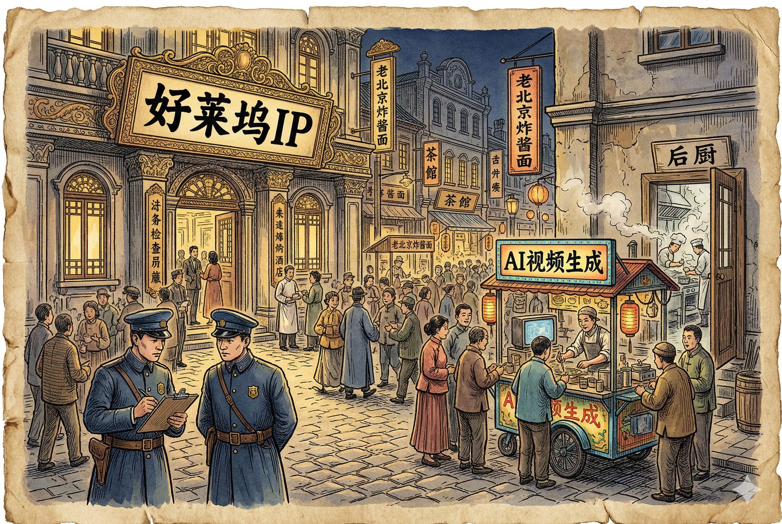 一条热闹的老式餐饮街上,大饭店与流动餐车对峙,饭店招牌写着“好莱坞IP”,小餐车写着“AI视频生成”,法务检查员在街口巡查,后厨大门半开,象征小摊最终被吸纳进大饭店体系,羊皮纸,钢笔彩色手绘的统一风格。