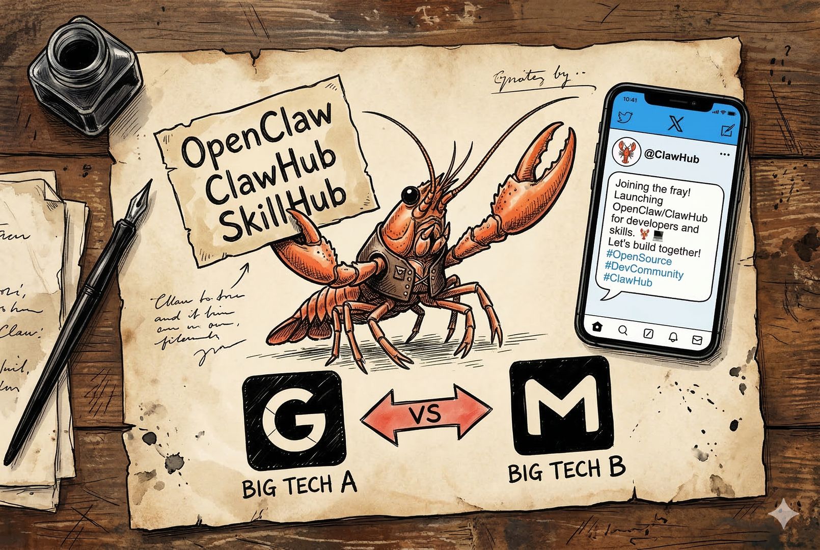 旧书桌上的羊皮纸铺开，钢笔彩绘一只拟人小龙虾举着写有“OpenClaw/ClawHub/SkillHub”的纸牌，旁边手机屏幕显示推文气泡与两家大厂标志的剪影对峙，俯视构图，羊皮纸，钢笔彩色手绘的统一风格。