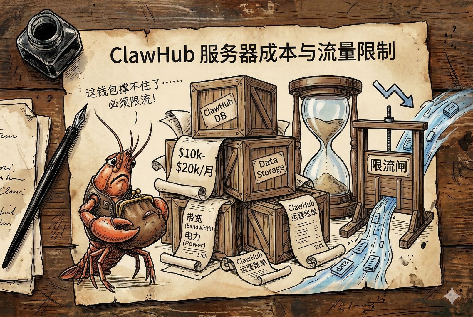 服务器机房被画成一组堆叠的箱子与账单卷轴，卷轴上写“$10k-$20k/月”，旁边有沙漏与“限流”闸门控制着一股下载数据的水流，小龙虾抱着钱包皱眉，侧面视角，羊皮纸，钢笔彩色手绘的统一风格。
