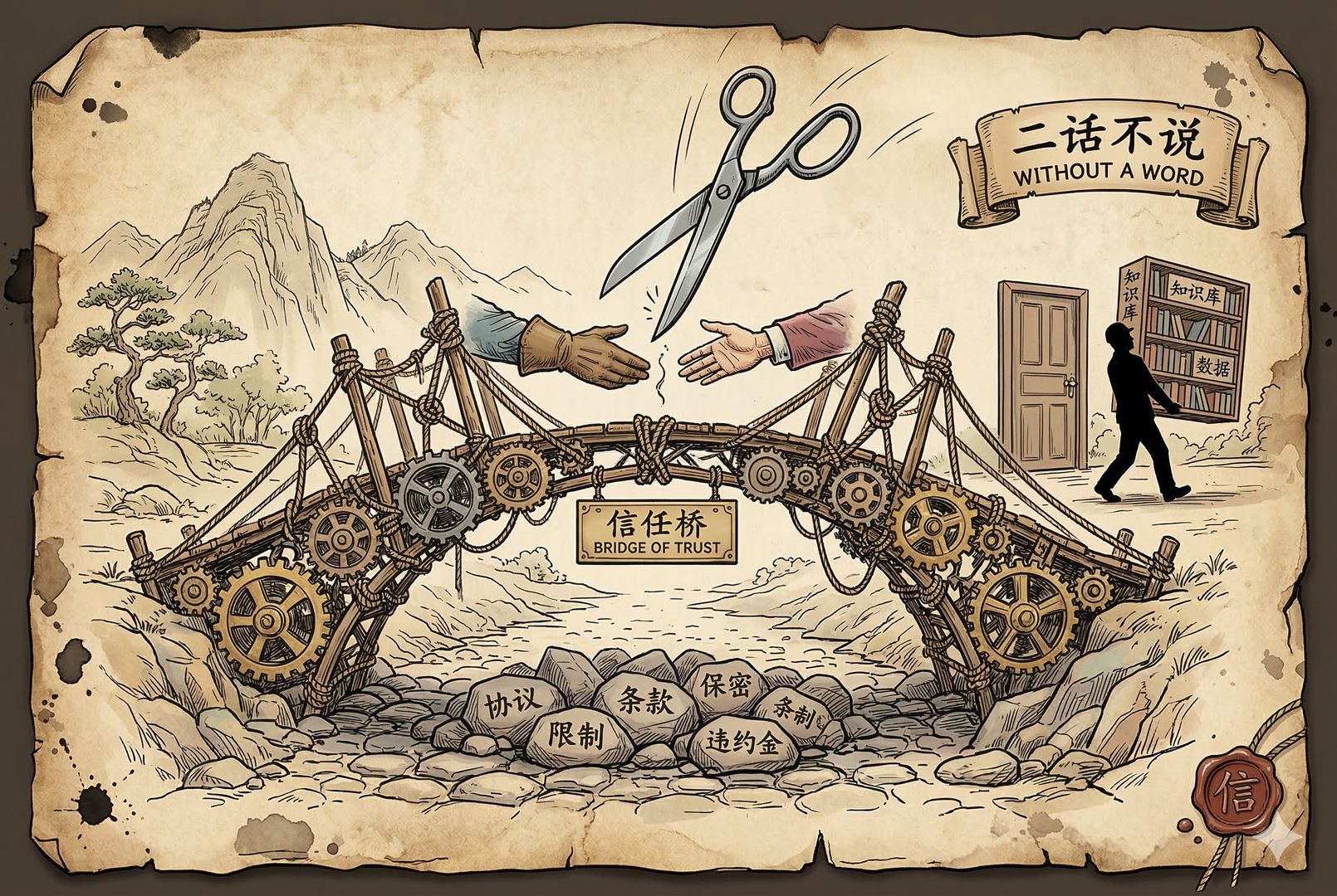 一座由拼接齿轮与绳结搭起的“信任桥”，桥下是写着“协议/条款”的石块，桥上两只手要握却被剪刀剪断，另一侧是未敲门就搬走书架的工人剪影，象征“二话不说”，远景构图，羊皮纸，钢笔彩色手绘的统一风格。