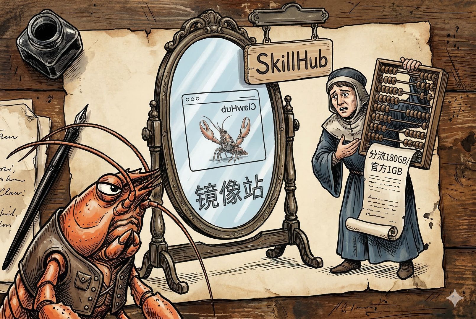 一面写着“镜像站”的大镜子立在桌上，镜中映出 ClawHub 的页面轮廓，但镜框外却挂着新牌匾“SkillHub”，旁边有人举着“分流180GB/官方1GB”的算盘与数据卷轴辩解，小龙虾皱眉看穿，近景构图，羊皮纸，钢笔彩色手绘的统一风格。