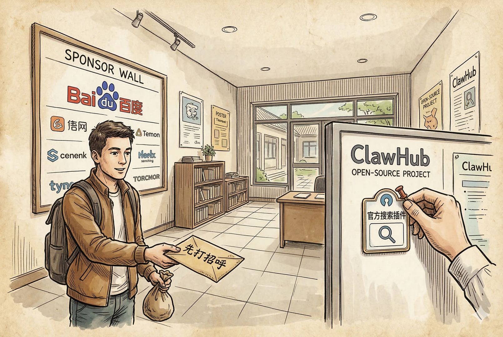 开源基金会的门厅里，一位来访者先递出写着“先打招呼”的信封与捐款袋，墙上挂着赞助墙榜单，百度 logo 位置在最上方；另一侧是把“官方搜索插件”徽章别到 ClawHub 展板上的手，室内透视构图，羊皮纸，钢笔彩色手绘的统一风格。