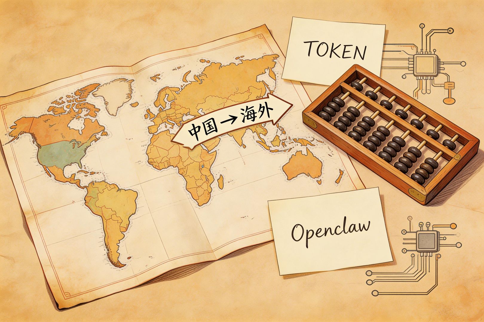 一张桌面俯视画面：摊开的世界地图上标着“中国→海外”的箭头，旁边放着写有“TOKEN”“Openclaw”的便签、小算盘与电路板符号，暗示价格与流量出海，羊皮纸，钢笔彩色手绘的统一风格。