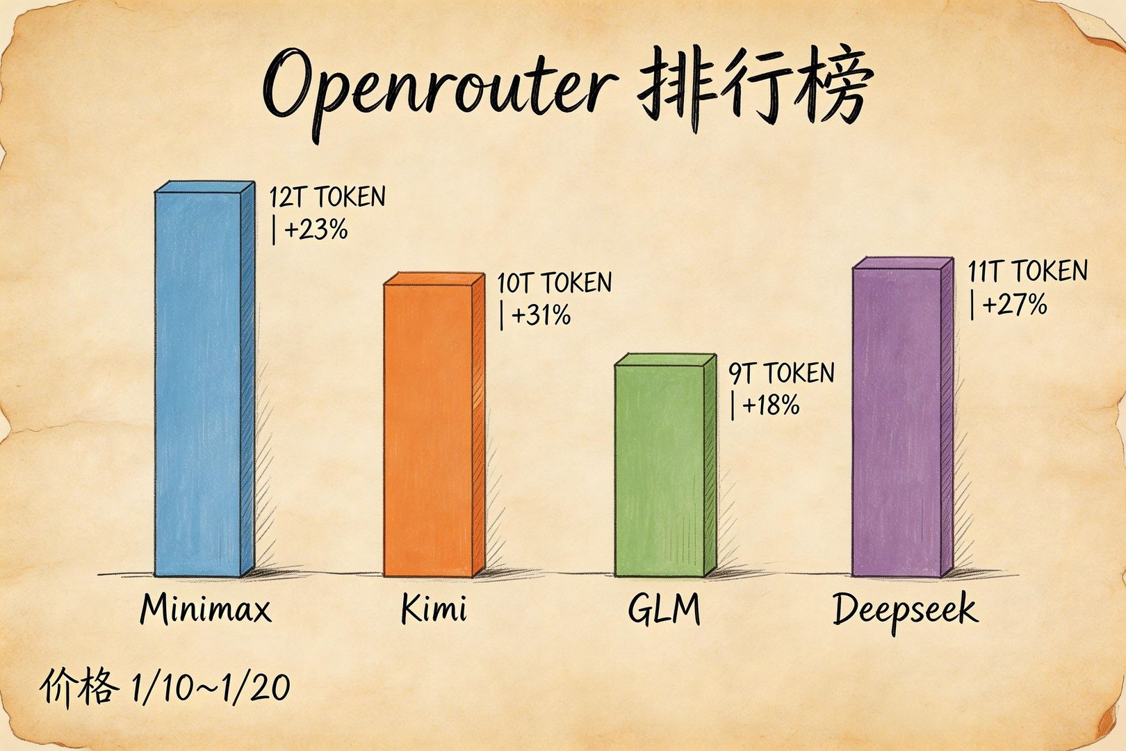 排行榜式画面：一块写着“Openrouter 排行榜”的黑板，上面用柱状条标出 Minimax、Kimi、GLM、Deepseek 的 TOKEN 体量与增长百分比，角落用小字写“价格 1/10~1/20”，羊皮纸，钢笔彩色手绘的统一风格。