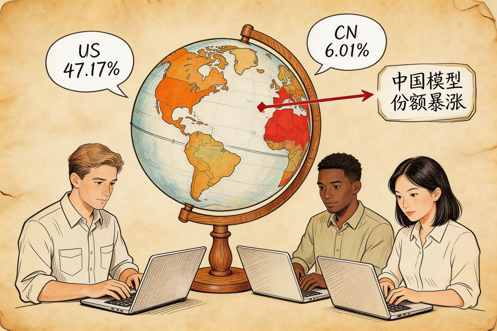 人群与地球仪的画面：地球仪上美国区域被高亮，旁边站着不同肤色的开发者在敲键盘，气泡标注“US 47.17%”“CN 6.01%”，箭头指向“中国模型份额暴涨”，羊皮纸，钢笔彩色手绘的统一风格。