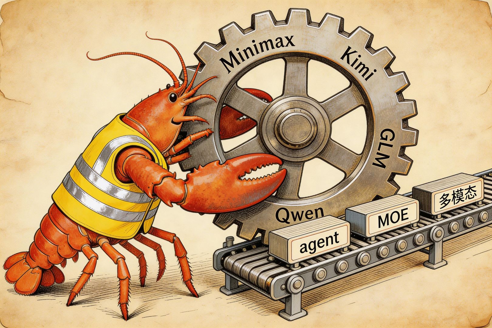 一只穿着“工程背心”的大龙虾推动巨大的齿轮与数据带，齿轮上刻着“Minimax / Kimi / GLM / Qwen”，数据带上写“agent”“MOE”“多模态”，象征 Openclaw 带动模型调用，羊皮纸，钢笔彩色手绘的统一风格。