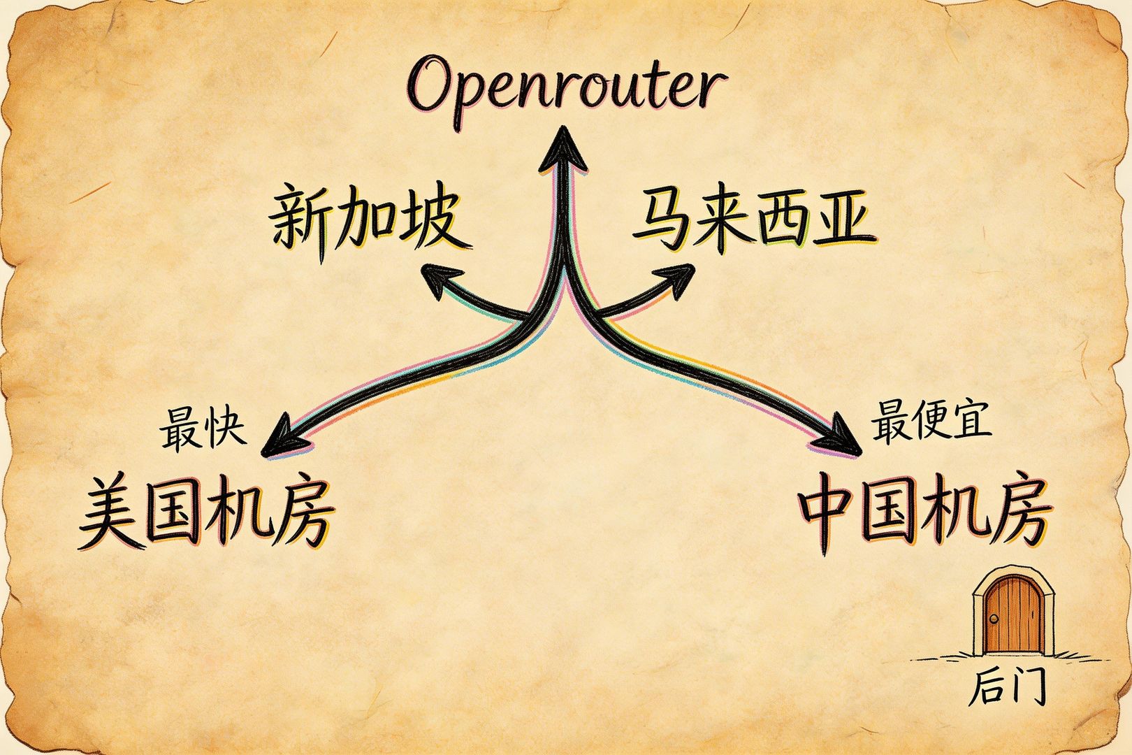 一张“路由迷宫”示意图：用户请求从“Openrouter”入口进入，被箭头分流到“美国机房 / 新加坡 / 马来西亚 / 中国机房”等节点，旁边有“最便宜”“最快”的标注与隐约的“后门”小门，羊皮纸，钢笔彩色手绘的统一风格。