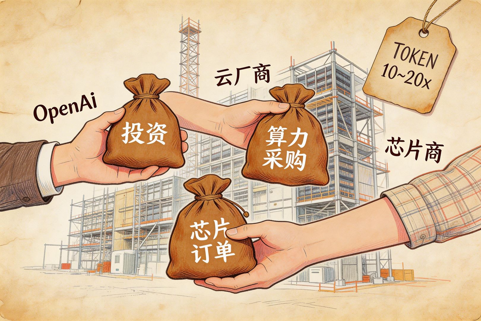 “左手倒右手”的金融齿轮画面：几只手把写着“投资”“算力采购”“芯片订单”的钱袋在 OpenAI、云厂商、芯片商之间来回传递，旁边一张价签写“TOKEN 10~20x”，背景是正在建设的巨型数据中心脚手架，羊皮纸，钢笔彩色手绘的统一风格。