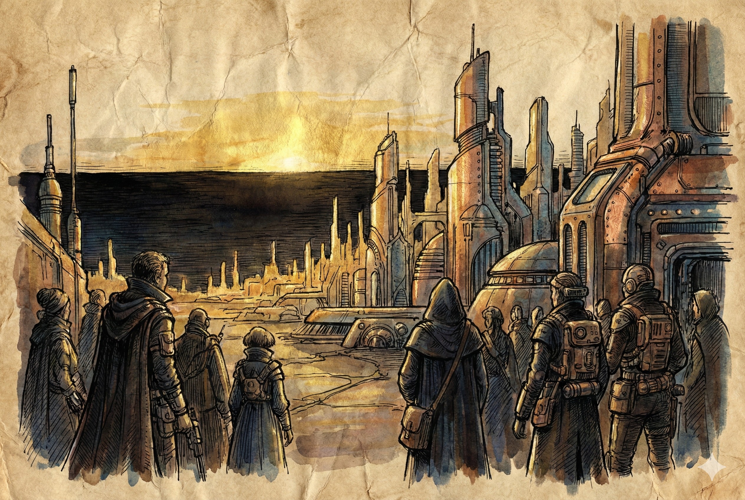 漆黑的夜空中,地平线处露出一丝金色的曙光,照亮了前方充满未来感的机械城市轮廓,人们在黑暗中等待,羊皮纸,钢笔彩色手绘的统一风格。