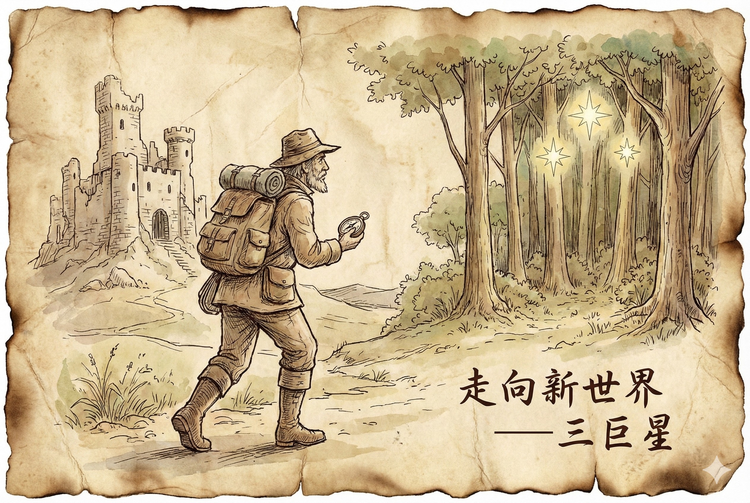 一位探险家手里拿着指南针,背对着身后破旧的古堡,坚定地走向远方闪耀着三颗新星(代表新巨头)的森林,羊皮纸,钢笔彩色手绘的统一风格。