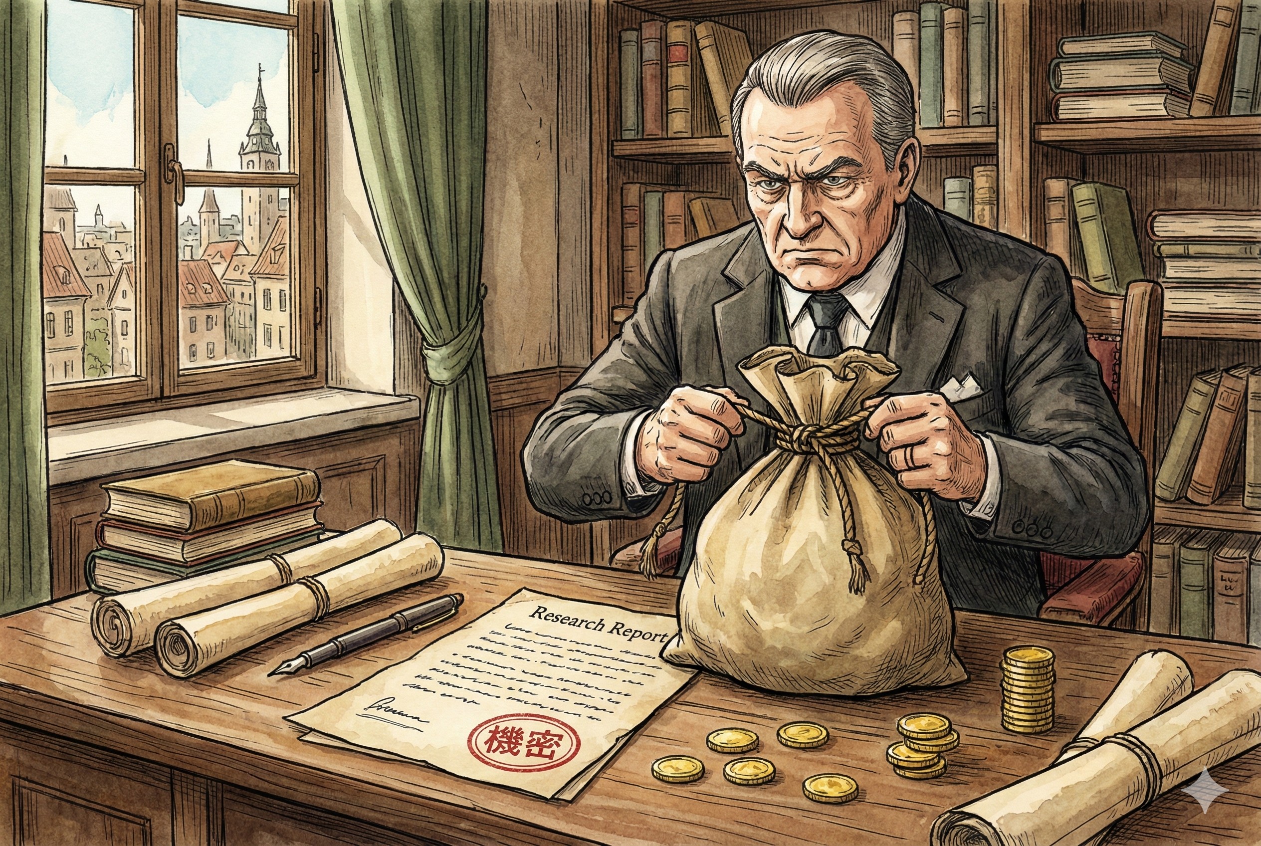 一位严肃的银行家正在收紧钱袋子的绳索，桌面上摆放着一份盖着“机密”印章的研究报告和几枚零散的金币，羊皮纸，钢笔彩色手绘的统一风格。