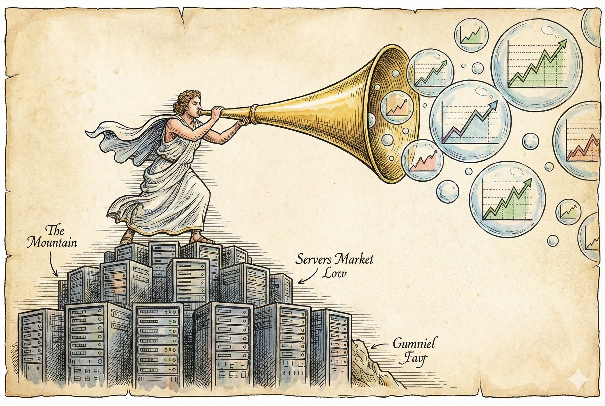 一个身穿古典长袍的人站在堆积如山的服务器上吹响巨大的金色号角,吹出的气泡中映照着股市上涨的折线图,羊皮纸,钢笔彩色手绘的统一风格。