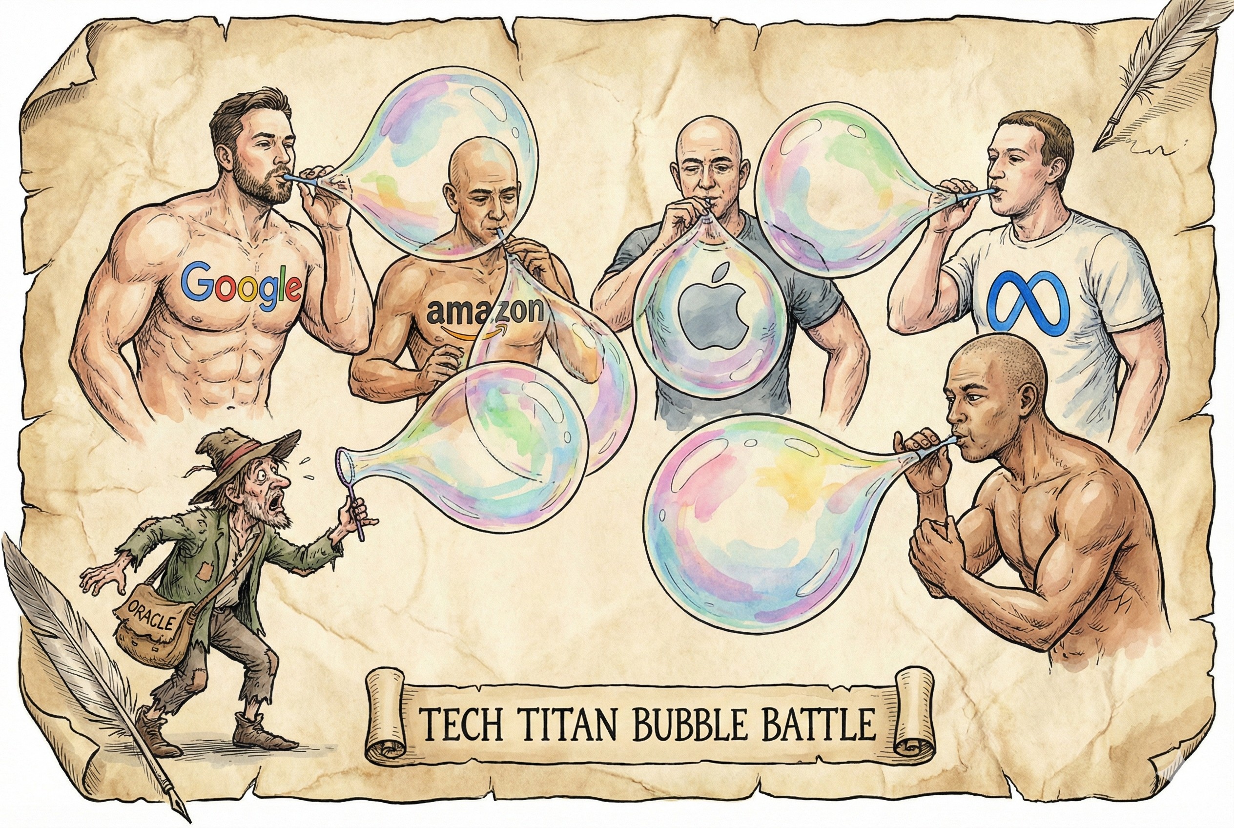 一群身材魁梧的巨人(代表科技巨头)正在比赛吹五颜六色的肥皂泡,而在角落里,一个衣着老旧的商人(Oracle)正试图挤进人群分一杯羹,羊皮纸,钢笔彩色手绘的统一风格。