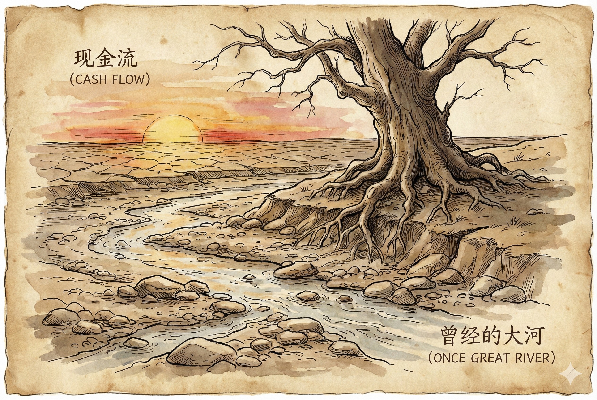 一条曾经宽阔的大河(现金流)如今几乎干涸,露出了河床上的石头,河岸边是一棵巨大的枯树,远处夕阳西下,羊皮纸,钢笔彩色手绘的统一风格。